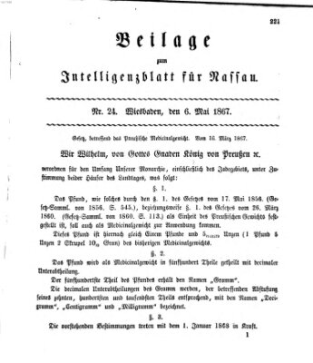 Intelligenzblatt für Nassau. Beilage zum Intelligenzblatt für Nassau (Herzoglich-nassauisches allgemeines Intelligenzblatt) Montag 6. Mai 1867