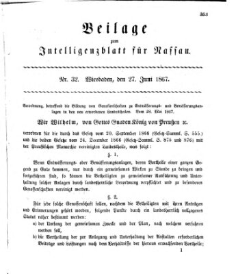 Intelligenzblatt für Nassau. Beilage zum Intelligenzblatt für Nassau (Herzoglich-nassauisches allgemeines Intelligenzblatt) Donnerstag 27. Juni 1867