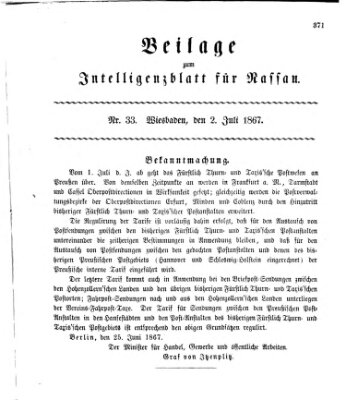 Intelligenzblatt für Nassau. Beilage zum Intelligenzblatt für Nassau (Herzoglich-nassauisches allgemeines Intelligenzblatt) Dienstag 2. Juli 1867