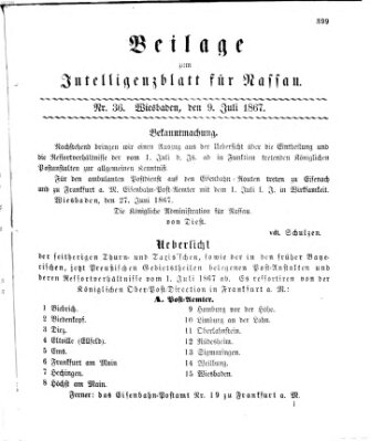 Intelligenzblatt für Nassau. Beilage zum Intelligenzblatt für Nassau (Herzoglich-nassauisches allgemeines Intelligenzblatt) Dienstag 9. Juli 1867