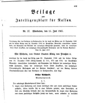 Intelligenzblatt für Nassau. Beilage zum Intelligenzblatt für Nassau (Herzoglich-nassauisches allgemeines Intelligenzblatt) Montag 15. Juli 1867