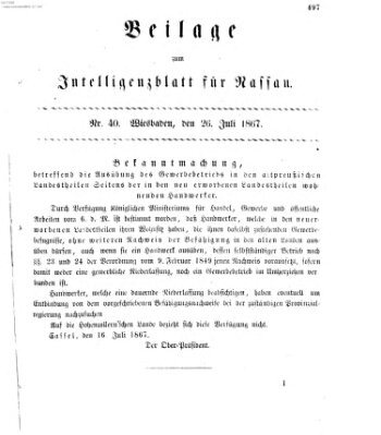 Intelligenzblatt für Nassau. Beilage zum Intelligenzblatt für Nassau (Herzoglich-nassauisches allgemeines Intelligenzblatt) Freitag 26. Juli 1867