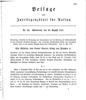 Intelligenzblatt für Nassau. Beilage zum Intelligenzblatt für Nassau (Herzoglich-nassauisches allgemeines Intelligenzblatt) Dienstag 20. August 1867