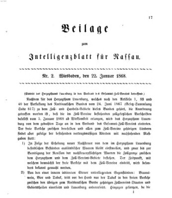 Intelligenzblatt für Nassau. Beilage zum Intelligenzblatt für Nassau (Herzoglich-nassauisches allgemeines Intelligenzblatt) Mittwoch 22. Januar 1868