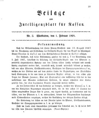 Intelligenzblatt für Nassau. Beilage zum Intelligenzblatt für Nassau (Herzoglich-nassauisches allgemeines Intelligenzblatt) Samstag 1. Februar 1868