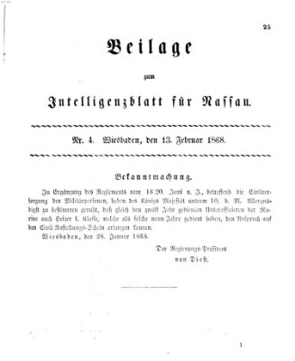 Intelligenzblatt für Nassau. Beilage zum Intelligenzblatt für Nassau (Herzoglich-nassauisches allgemeines Intelligenzblatt) Donnerstag 13. Februar 1868