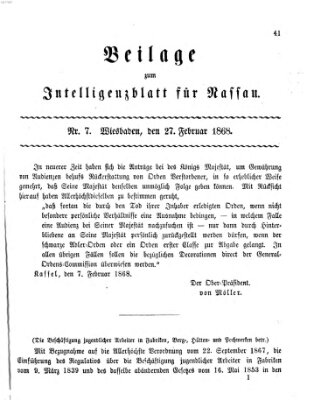 Intelligenzblatt für Nassau. Beilage zum Intelligenzblatt für Nassau (Herzoglich-nassauisches allgemeines Intelligenzblatt) Donnerstag 27. Februar 1868