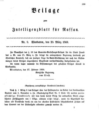 Intelligenzblatt für Nassau. Beilage zum Intelligenzblatt für Nassau (Herzoglich-nassauisches allgemeines Intelligenzblatt) Freitag 20. März 1868