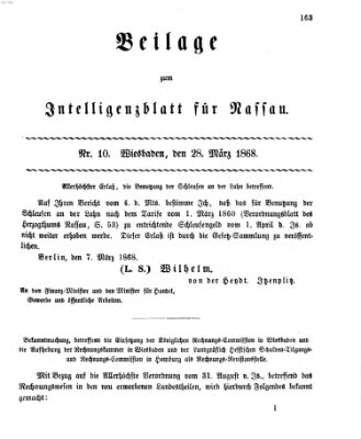 Intelligenzblatt für Nassau. Beilage zum Intelligenzblatt für Nassau (Herzoglich-nassauisches allgemeines Intelligenzblatt) Samstag 28. März 1868