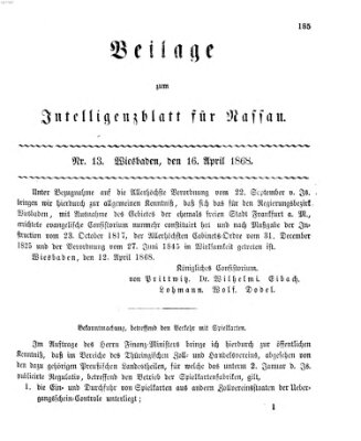 Intelligenzblatt für Nassau. Beilage zum Intelligenzblatt für Nassau (Herzoglich-nassauisches allgemeines Intelligenzblatt) Donnerstag 16. April 1868