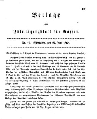 Intelligenzblatt für Nassau. Beilage zum Intelligenzblatt für Nassau (Herzoglich-nassauisches allgemeines Intelligenzblatt) Samstag 27. Juni 1868