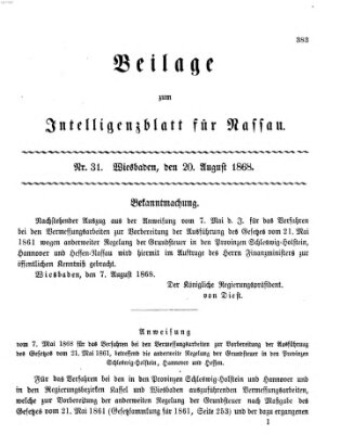 Intelligenzblatt für Nassau. Beilage zum Intelligenzblatt für Nassau (Herzoglich-nassauisches allgemeines Intelligenzblatt) Donnerstag 20. August 1868