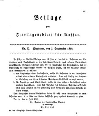 Intelligenzblatt für Nassau. Beilage zum Intelligenzblatt für Nassau (Herzoglich-nassauisches allgemeines Intelligenzblatt) Donnerstag 3. September 1868