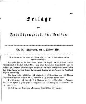 Intelligenzblatt für Nassau. Beilage zum Intelligenzblatt für Nassau (Herzoglich-nassauisches allgemeines Intelligenzblatt) Donnerstag 1. Oktober 1868