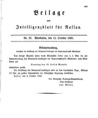 Intelligenzblatt für Nassau. Beilage zum Intelligenzblatt für Nassau (Herzoglich-nassauisches allgemeines Intelligenzblatt) Montag 12. Oktober 1868