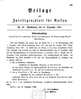 Intelligenzblatt für Nassau. Beilage zum Intelligenzblatt für Nassau (Herzoglich-nassauisches allgemeines Intelligenzblatt) Donnerstag 31. Dezember 1868