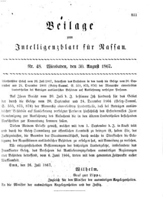 Intelligenzblatt für Nassau. Beilage zum Intelligenzblatt für Nassau (Herzoglich-nassauisches allgemeines Intelligenzblatt) Freitag 30. August 1867