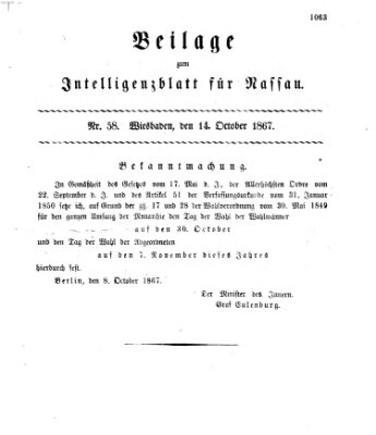 Intelligenzblatt für Nassau. Beilage zum Intelligenzblatt für Nassau (Herzoglich-nassauisches allgemeines Intelligenzblatt) Montag 14. Oktober 1867