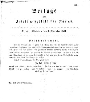 Intelligenzblatt für Nassau. Beilage zum Intelligenzblatt für Nassau (Herzoglich-nassauisches allgemeines Intelligenzblatt) Montag 4. November 1867