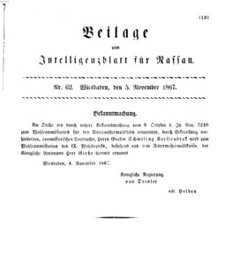 Intelligenzblatt für Nassau. Beilage zum Intelligenzblatt für Nassau (Herzoglich-nassauisches allgemeines Intelligenzblatt) Dienstag 5. November 1867