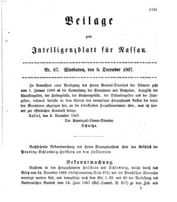 Intelligenzblatt für Nassau. Beilage zum Intelligenzblatt für Nassau (Herzoglich-nassauisches allgemeines Intelligenzblatt) Montag 9. Dezember 1867