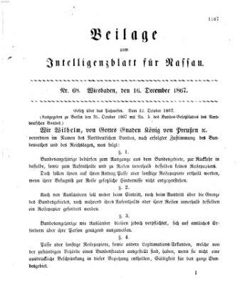 Intelligenzblatt für Nassau. Beilage zum Intelligenzblatt für Nassau (Herzoglich-nassauisches allgemeines Intelligenzblatt) Montag 16. Dezember 1867