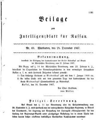 Intelligenzblatt für Nassau. Beilage zum Intelligenzblatt für Nassau (Herzoglich-nassauisches allgemeines Intelligenzblatt) Samstag 28. Dezember 1867