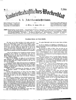 Landwirthschaftliches Wochenblatt des K.K. Ackerbauministeriums in Wien Freitag 14. Januar 1870