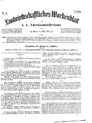 Landwirthschaftliches Wochenblatt des K.K. Ackerbauministeriums in Wien Freitag 18. März 1870