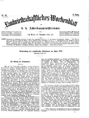 Landwirthschaftliches Wochenblatt des K.K. Ackerbauministeriums in Wien Freitag 23. September 1870