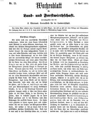 Wochenblatt für Land- und Forstwirthschaft Samstag 16. April 1870