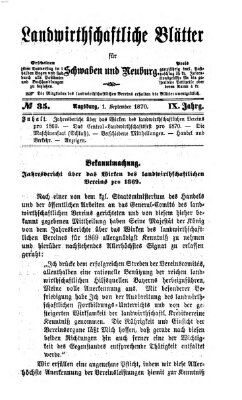 Landwirtschaftliche Blätter für Schwaben und Neuburg Donnerstag 1. September 1870