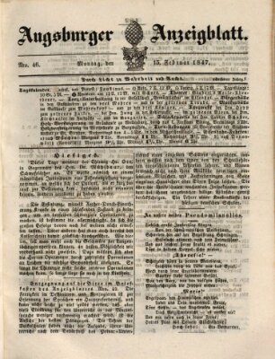 Augsburger Anzeigeblatt Montag 15. Februar 1847