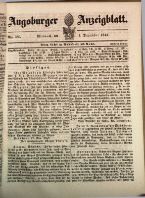 Augsburger Anzeigeblatt Mittwoch 1. Dezember 1847