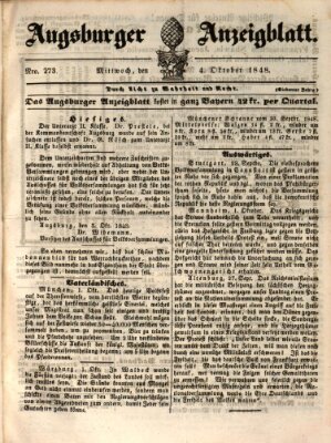 Augsburger Anzeigeblatt Mittwoch 4. Oktober 1848