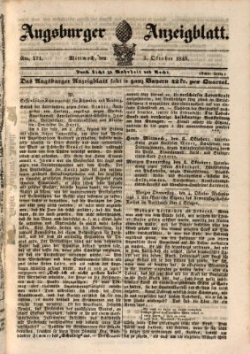 Augsburger Anzeigeblatt Mittwoch 3. Oktober 1849