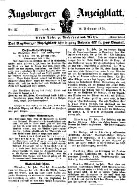 Augsburger Anzeigeblatt Mittwoch 26. Februar 1851