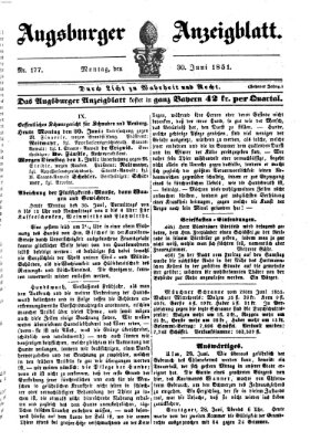 Augsburger Anzeigeblatt Montag 30. Juni 1851