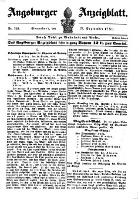 Augsburger Anzeigeblatt Samstag 27. September 1851