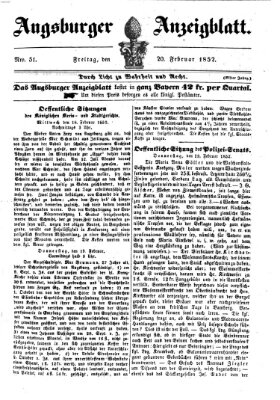 Augsburger Anzeigeblatt Freitag 20. Februar 1852