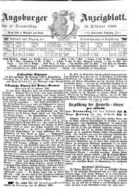 Augsburger Anzeigeblatt Donnerstag 16. Februar 1860