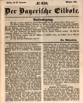 Baierscher Eilbote (Münchener Bote für Stadt und Land) Freitag 27. September 1850