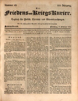 Der Friedens- u. Kriegs-Kurier (Nürnberger Friedens- und Kriegs-Kurier) Samstag 14. Februar 1829