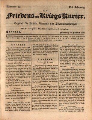 Der Friedens- u. Kriegs-Kurier (Nürnberger Friedens- und Kriegs-Kurier) Sonntag 22. Februar 1829