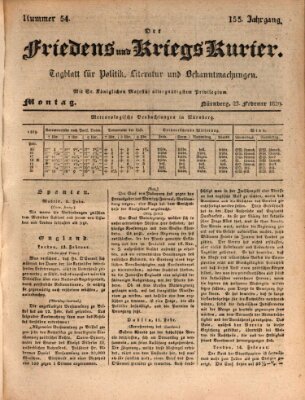 Der Friedens- u. Kriegs-Kurier (Nürnberger Friedens- und Kriegs-Kurier) Montag 23. Februar 1829