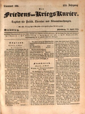 Der Friedens- u. Kriegs-Kurier (Nürnberger Friedens- und Kriegs-Kurier) Dienstag 14. April 1829