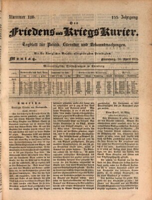 Der Friedens- u. Kriegs-Kurier (Nürnberger Friedens- und Kriegs-Kurier) Montag 20. April 1829