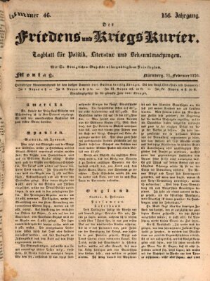 Der Friedens- u. Kriegs-Kurier (Nürnberger Friedens- und Kriegs-Kurier) Montag 15. Februar 1830