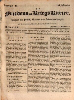 Der Friedens- u. Kriegs-Kurier (Nürnberger Friedens- und Kriegs-Kurier) Dienstag 16. Februar 1830