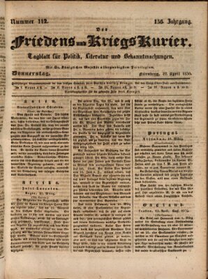 Der Friedens- u. Kriegs-Kurier (Nürnberger Friedens- und Kriegs-Kurier) Donnerstag 22. April 1830